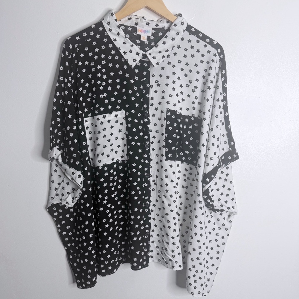 Lularoe Black White Star Print‎ Colorblock Button Down Shirt 3XL Pockets